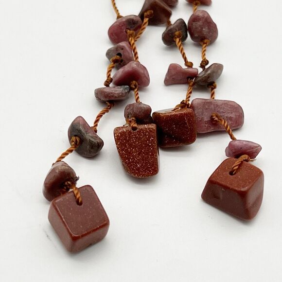 Mauve Stone Chip 3 Strand Polished Black Stone Pendant Tassel Boho Necklace 25” - Picture 6 of 12